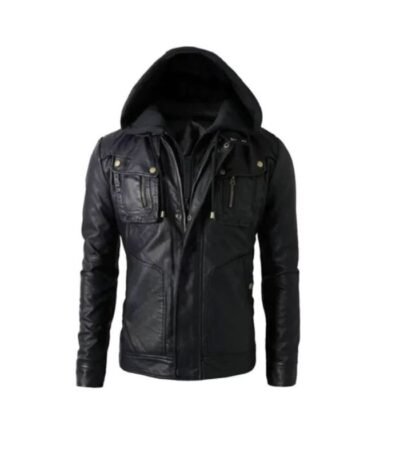 Black Hoodded Biker Leather Jacket 1