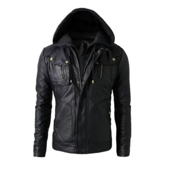 Black Hoodded Biker Leather Jacket 1