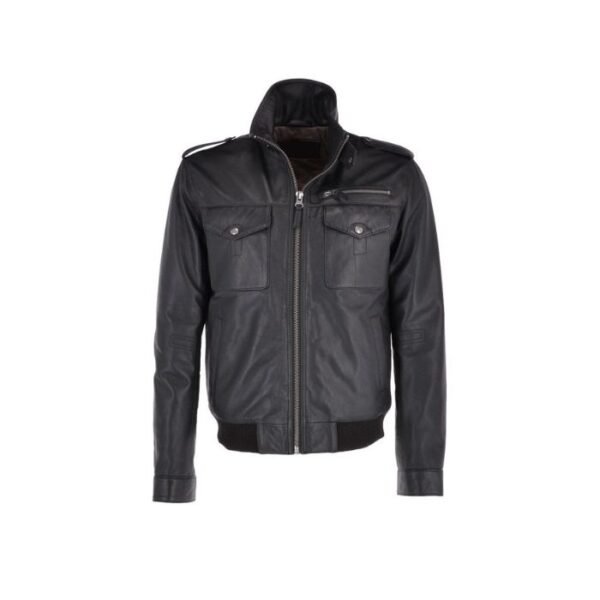 Men Black Leather Bomber Jacket 01