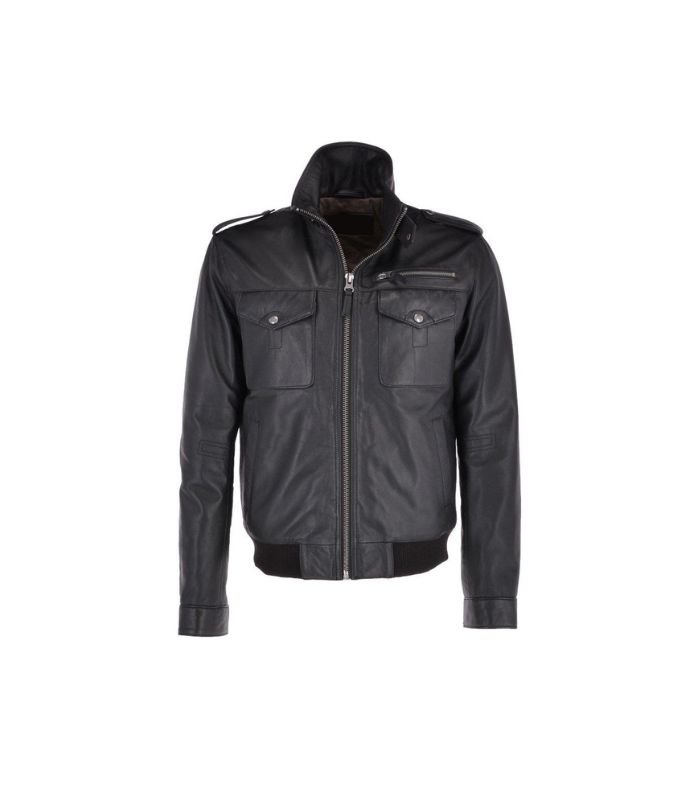 Men Black Leather Bomber Jacket 01