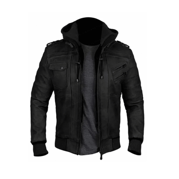 Men Bomber Hood Removable Leather Premium Jacket 1