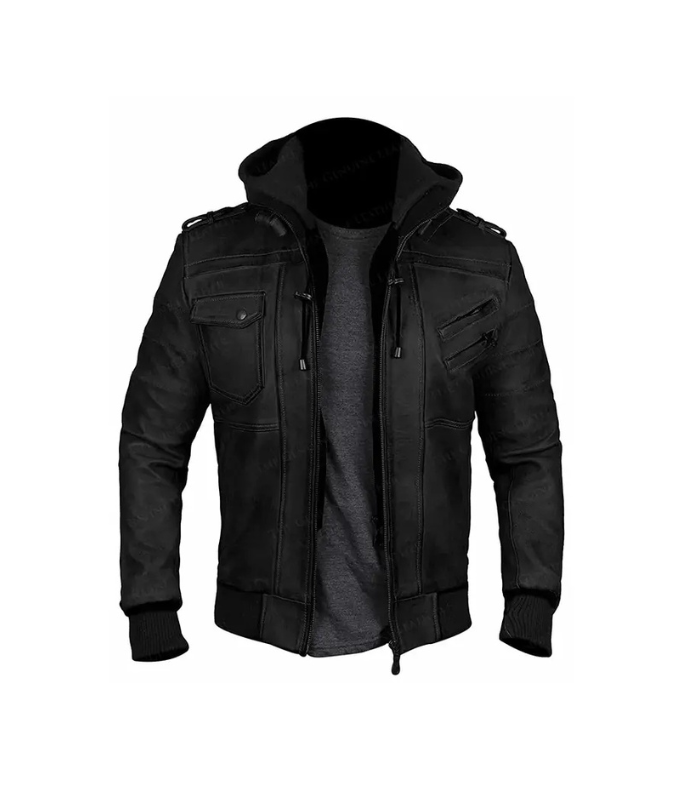 Men Bomber Hood Removable Leather Premium Jacket 1