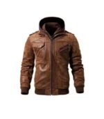 Men Leather Brown Hooded Jacket 1