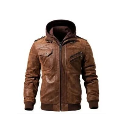 Men Leather Brown Hooded Jacket 1