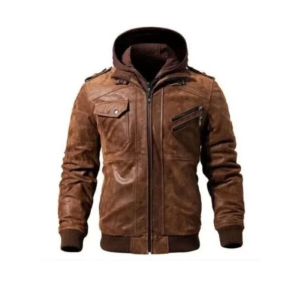 Men Leather Brown Hooded Jacket 1