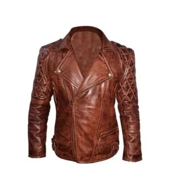 Mens Brown Quilted Vintage Leather Biker Jacket 01