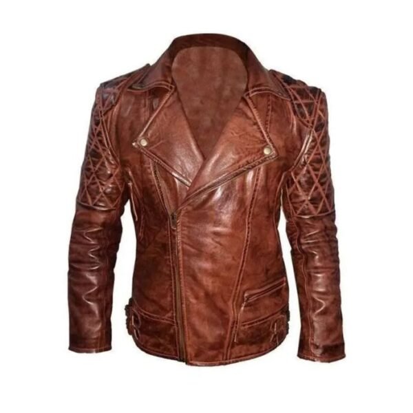 Mens Brown Quilted Vintage Leather Biker Jacket 01