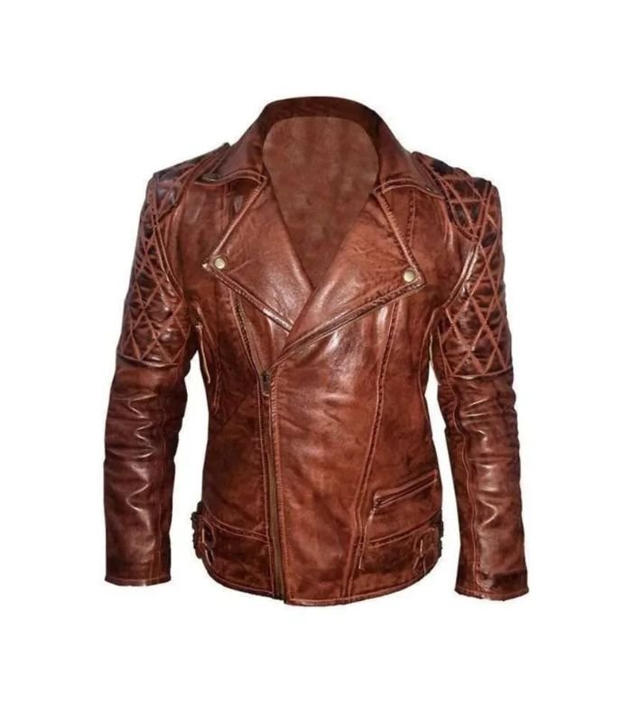 Mens Brown Quilted Vintage Leather Biker Jacket 01