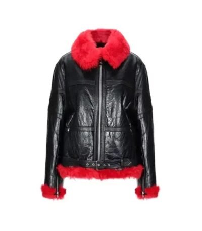 Red Faux Women Fur Leather Jacket 1
