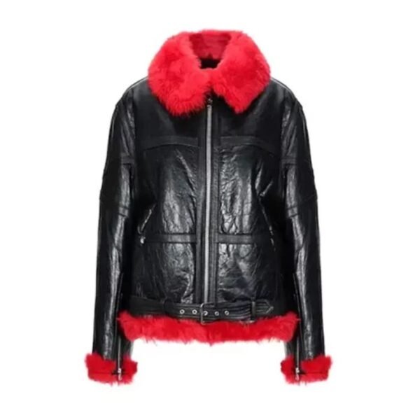 Red Faux Women Fur Leather Jacket 1