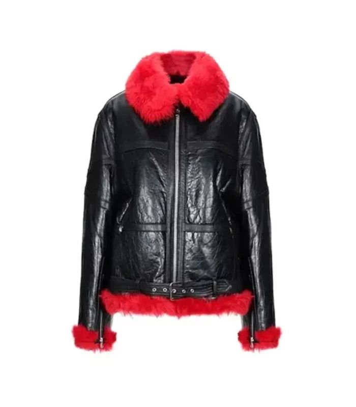 Red Faux Women Fur Leather Jacket 1