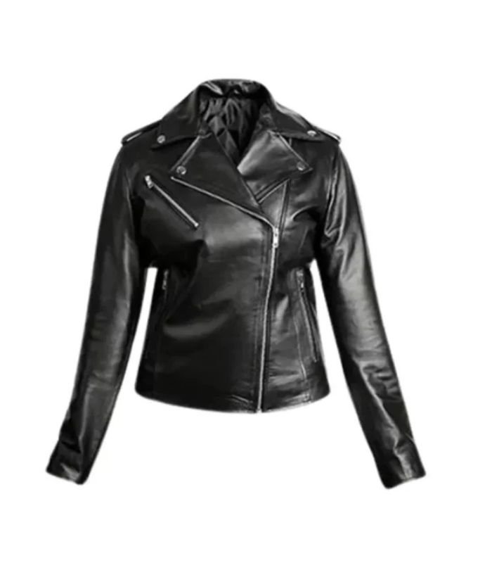 Women Biker Black Leather Jacket 1