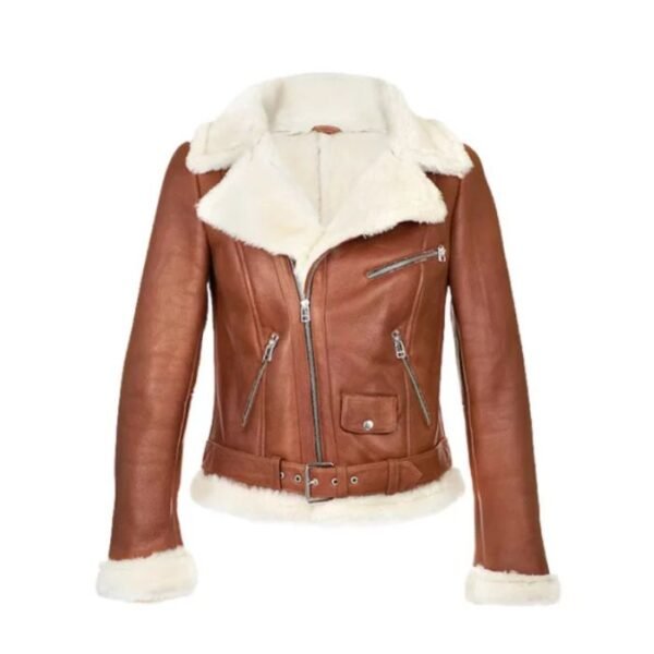Women Brown Aviator Shearling Jacket 1
