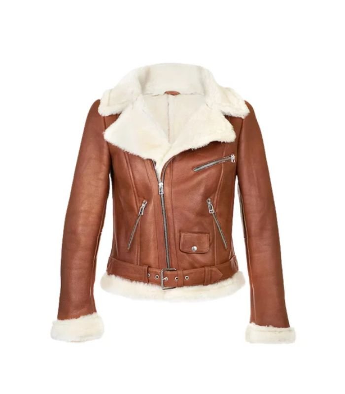Women Brown Aviator Shearling Jacket 1