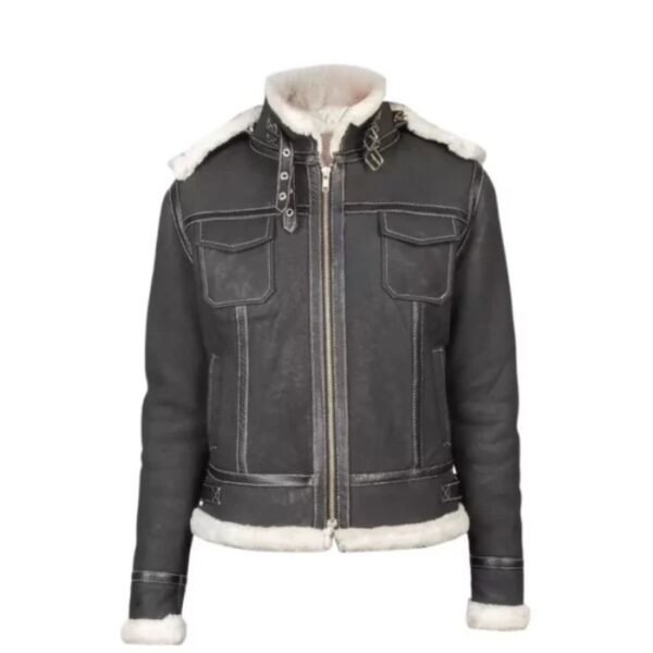 Women Hooded Black Leather Shearling Jacket 01