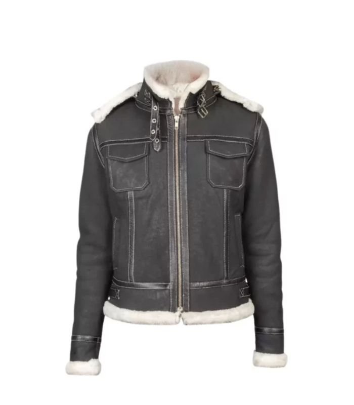 Women Hooded Black Leather Shearling Jacket 01