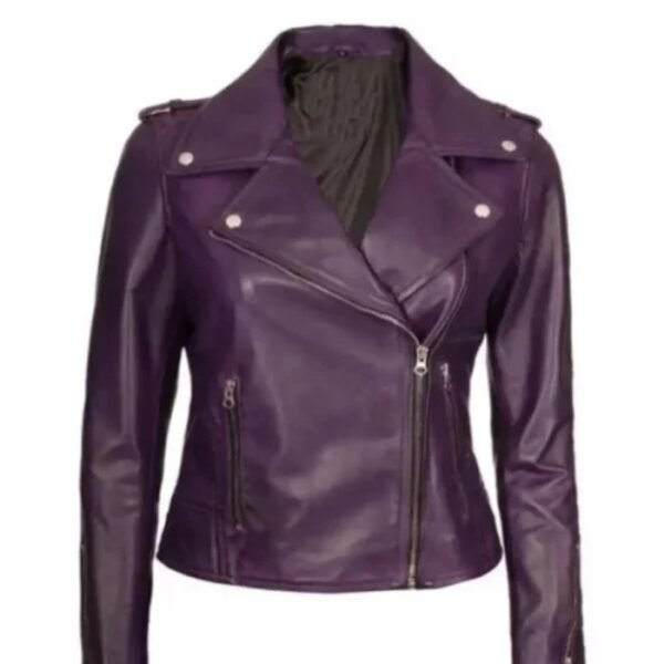 Women Purple Leather Biker Jacket 01