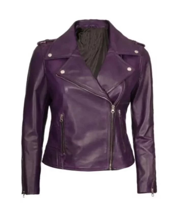 Women Purple Leather Biker Jacket 01